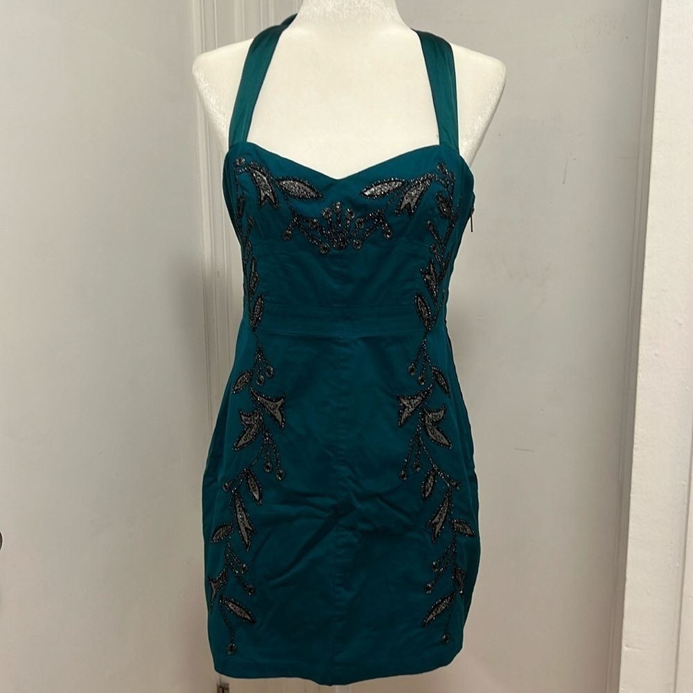 FREE PEOPLE Dress Turquoise Embroidered Leaves Teal